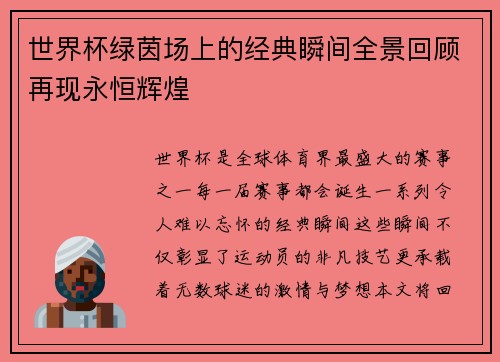 世界杯绿茵场上的经典瞬间全景回顾再现永恒辉煌 世界杯绿茵场上的经典瞬间全景回顾再现永恒辉煌