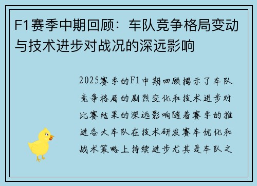 F1赛季中期回顾:车队竞争格局变动与技术进步对战况的深远影响 F1赛季中期回顾:车队竞争格局变动与技术进步对战况的深远影响
